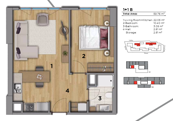 1 bed flat floor plan | 59 sqm