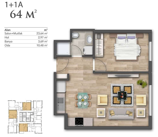 1 bed floor plan | 64 sqm