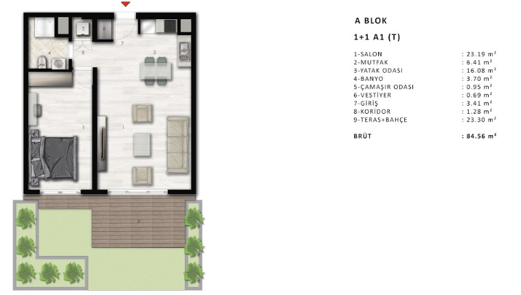 1 bed floor plan | with garden | 84 sqm