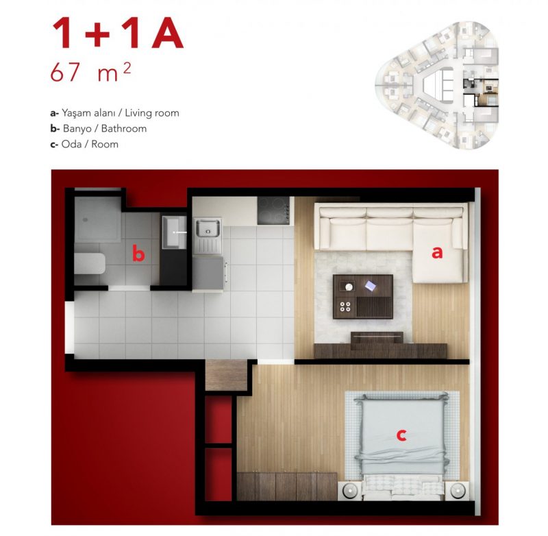 1 bed floor plan 67 SQM