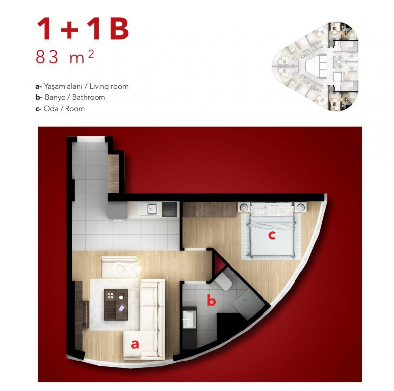 1 bed floor plan 83 SQM