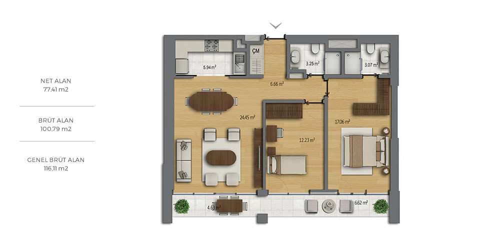 2 bedrooms 100.79 sqm - floor plan