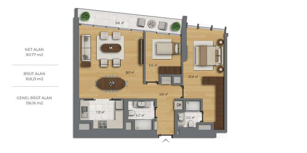 2 bedrooms 108.21 sqm - floor plan
