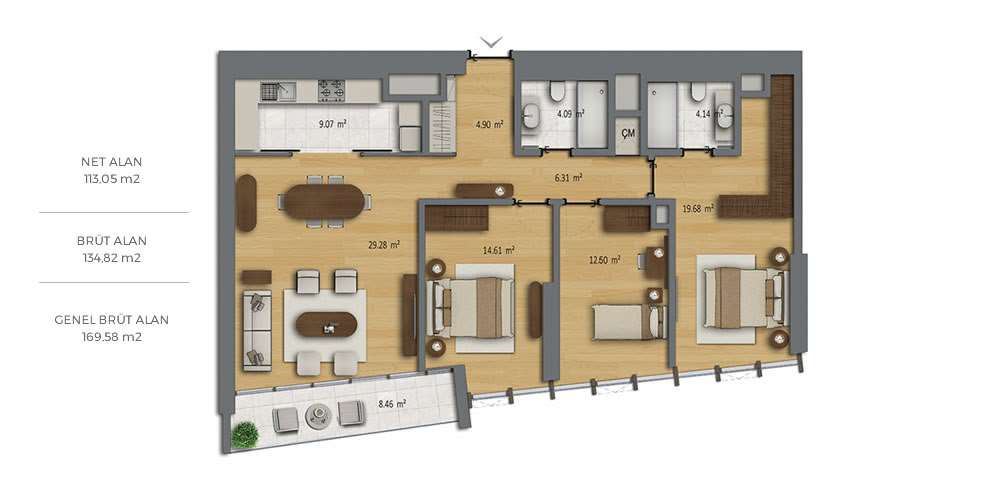 3 bedrooms 134.82 sqm - floor plan