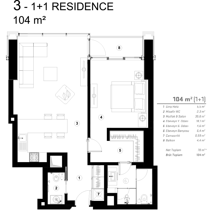 1 bedroom with 104sqm