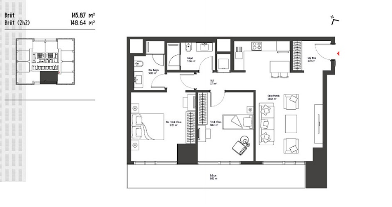 1 bed floor plan | 148,64 sqm
