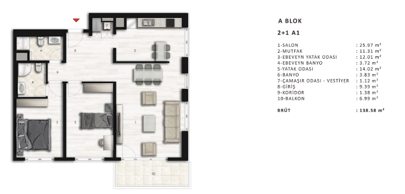 2 bed floor plan | with balcony | 138 sqm