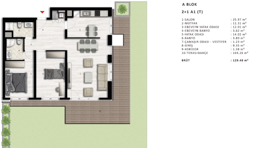 2 bed floor plan | with garden | 129 sqm