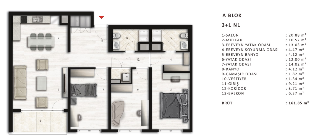 3 bed floor plan | with balcony | 161 sqm