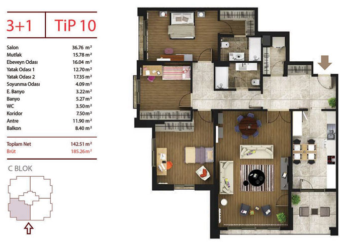 3 bed floor plan | 185 sqm