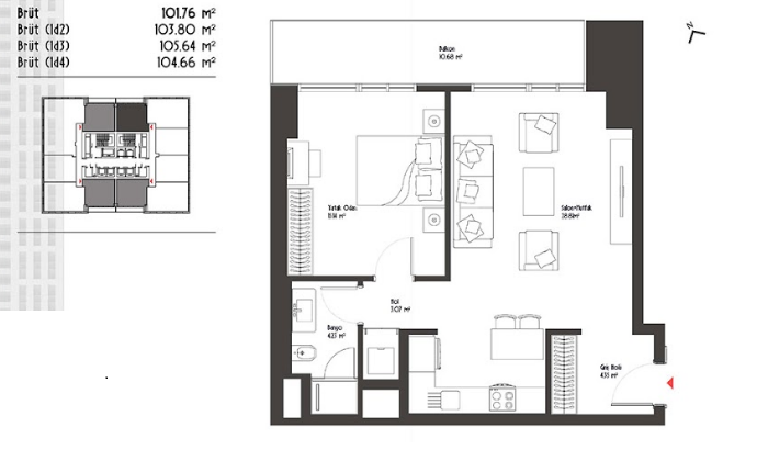 1 bed floor plan | 101,75 sqm